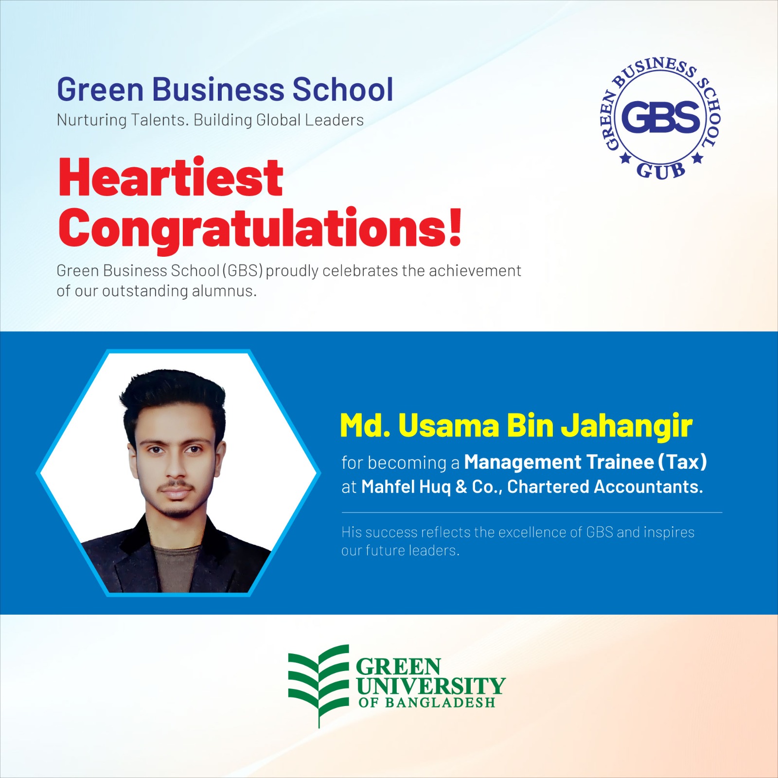 Celebrating Success: Md. Usama Bin Jahangir, GBS Alumnus Extraordinaire